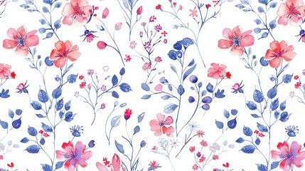 Floral pattern with small flowers in a raster style featuring a hand drawn watercolor sketch