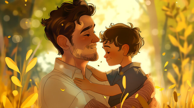 A father holding his young son, cartoon Father's Day card