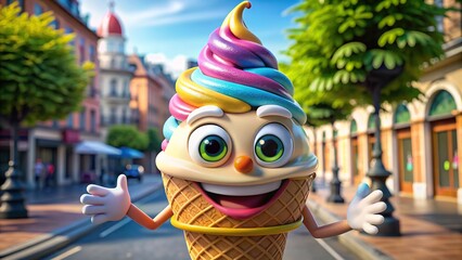 Happy and colorful ice cream mascot with oversized eyes and a friendly smile