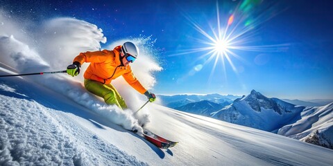 Vibrant skier carving down slope on background