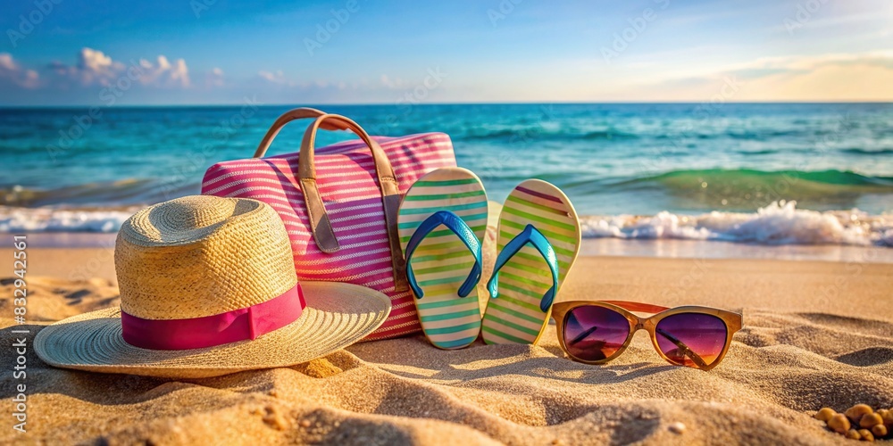 Wall mural of a beach scene with a girl's accessories scattered around sunglasses, flip flops, hat, and beach b - Wall murals