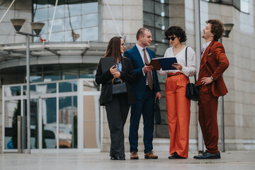 Group of business professionals having a discussion outside a modern office building, sharing ideas...