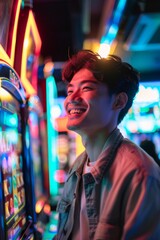 Asian man enjoying playing slot machines at casino