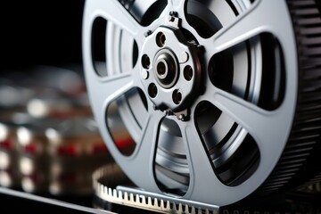 Obraz premium Close-up of a 35mm film reel on a black background with sprocket. The reel is metal and shiny, the sprocket is black plastic with engaging teeth