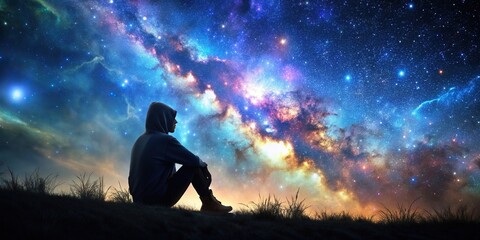 Silhouette of person in hoodie sitting on ground against fantasy space night sky