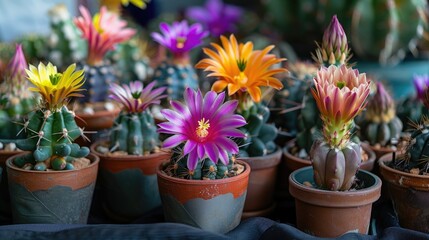 Flowering cacti in small containers displayed on a dark fabric appear up close