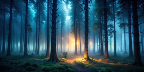 Dark, foggy forest at night with eerie ambiance