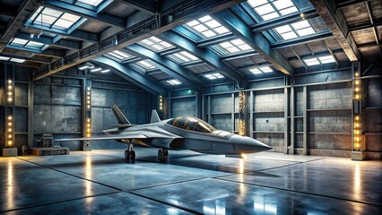 Futuristic spaceship showroom studio with grunge cement hangar