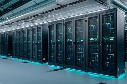 A modern server room with neatly organized black server racks, blinking lights, and a raised floor for cable management, creating a professional data storage environment