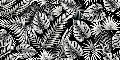 Exotic black and white seamless tropical leaf pattern for wallpaper and decor