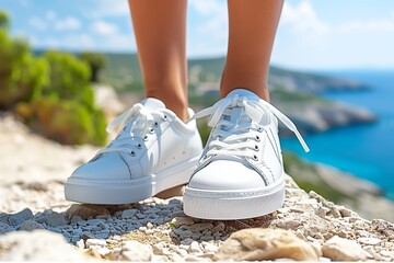 A young woman with long hair stands confidently on a rocky cliff, gazing at the deep blue ocean below. The suns warm glow highlights her face, evoking a sense of freedom and connection with nature