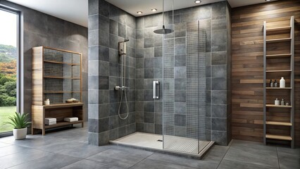 Modern shower with dark grey tiles