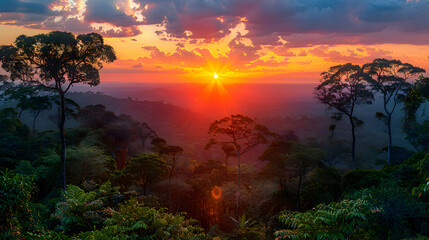 A panoramic view of a nature rainforest during sunset, the sky ablaze with colors, and the trees silhouetted against the sky
