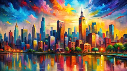 Vibrant painting of city skyline with colorful hues