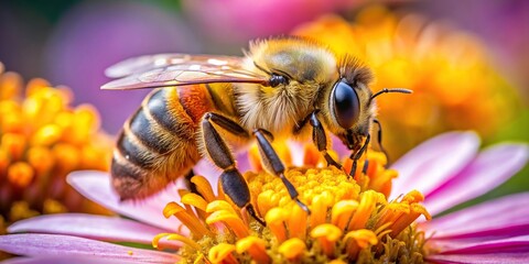 Close-up image of a honey bee collecting nectar from a flower