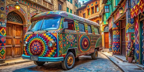 A psychedelic hippie camper van parked in the bustling medina of an oriental old town, with vibrant colors and surreal patterns