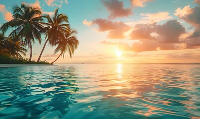 Fototapeta premium experience a tropical paradise with swaying palm tree and glistening turquoise water and golden sun rays, Generative AI