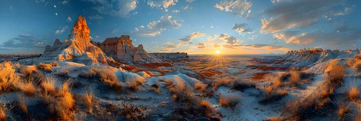 A panoramic view of a nature badland, the rugged landscape and unique rock formations creating a dramatic scene