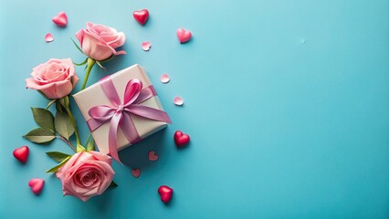 Valentine's Day or Mother's Day festive composition with gift box, roses, and hearts on a pastel blue background from above