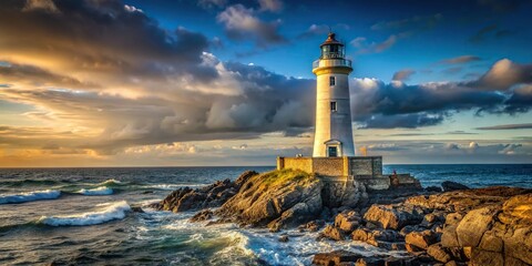 Lonely lighthouse standing isolated on rocky coast