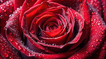 Top view of red rose with water droplets on petals