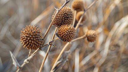 Dry cockleburs the brown fruits of the burdock plant alongside the stem in early spring a wild plant dried near a wheat field in a village