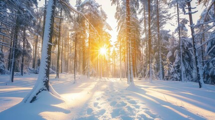 Snowy forest shining under the winter sun