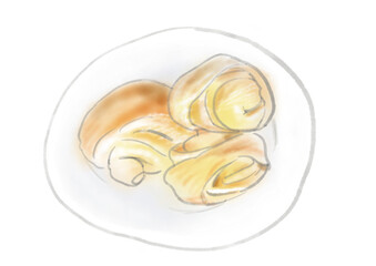 水彩風の皿に３つ盛られたシナモンロールイラスト