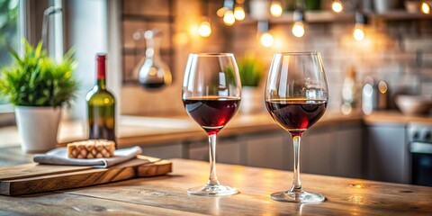 Cozy and intimate stock photo of two glasses of red wine on a countertop