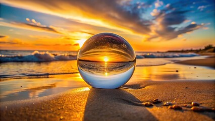 Golden hour sunset reflected in lensball on sandy beach