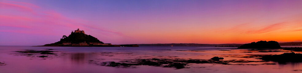 Stunning sunset panorama ovf St Michael's Mount in Cornwall, UK