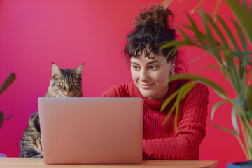 Fototapeta premium Happy White Woman Working on Laptop with Cat in Bright and Colorful Home Office