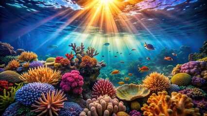 Underwater scene with vibrant coral reef and sunbeam