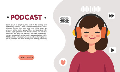 Podcast web page template, cartoon young woman,, girl in headphones and multimedia signs, isolated on white vector illustration