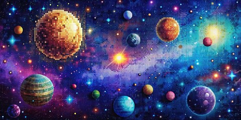 Abstract pixelated space background with stars, planets, and galaxies