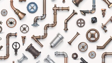 Fototapeta premium A seamless pattern with various plumbing hardware such as pipes, faucets, and valves, illustrated and arranged in rows at a 45-degree angle on a white background