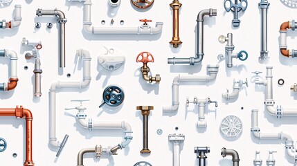 Fototapeta premium A seamless pattern with various plumbing hardware such as pipes, faucets, and valves, illustrated and arranged in rows at a 45-degree angle on a white background