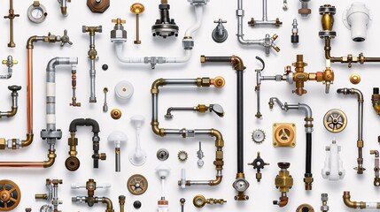 A seamless pattern with various plumbing hardware such as pipes, faucets, and valves, illustrated and arranged in rows at a 45-degree angle on a white background