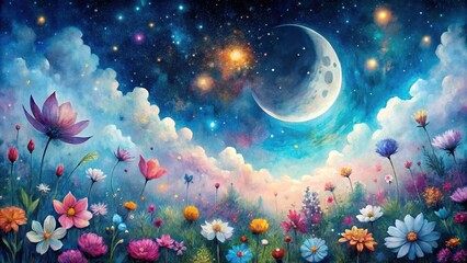 Fototapeta na wymiar Watercolour style image of a magical night sky with moon, floral and stars in deep, dreamy colors