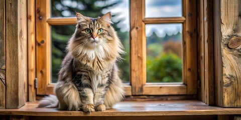 A fluffy cat sitting on a wooden window frame