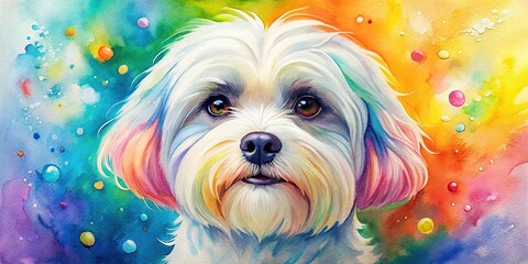 Colorful watercolor painting of a maltese dog portrait