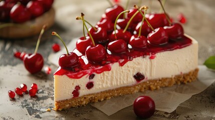 Cherry cheesecake slice placed on a table
