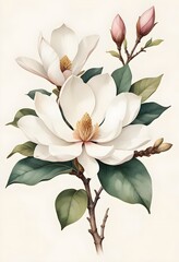 Gorgeous Magnolia Watercolor Painting on Vintage White Background