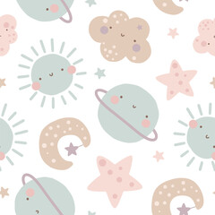 Nordic hand drawn sky elements with moon, Jupiter, sun, cloud. Seamless pattern scandinavian style, pastel blue, pink, brown colors