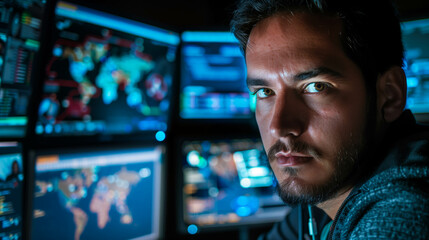 Male hacker surrounded by multiple computer screens in a dark room