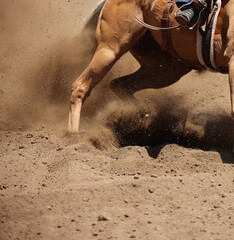 An action photo of a  horse sliding in the dirt.