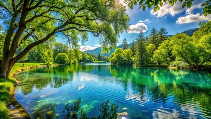 Tranquil lakeside scenery with clear blue water, lush green trees, and a peaceful atmosphere