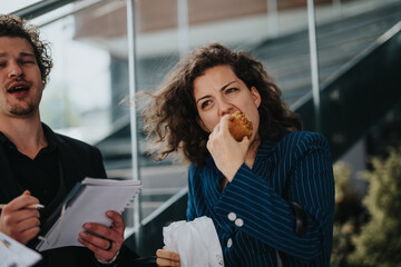 Business professionals engaged in a discussion, taking a quick lunch break outdoors. One person is eating a bagel while the other is taking notes.