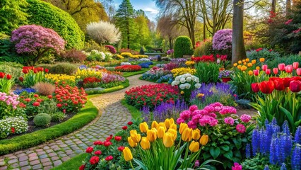 Vibrant spring garden bursting with colorful flowers and freshly bloomed plants
