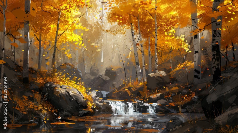 Poster illustration of an autumn forest with yellow trees, rocks and stream.